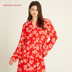 新款 Ground Show 阁兰秀2026春季 V领轻薄舒适 红色印花上衣女长袖