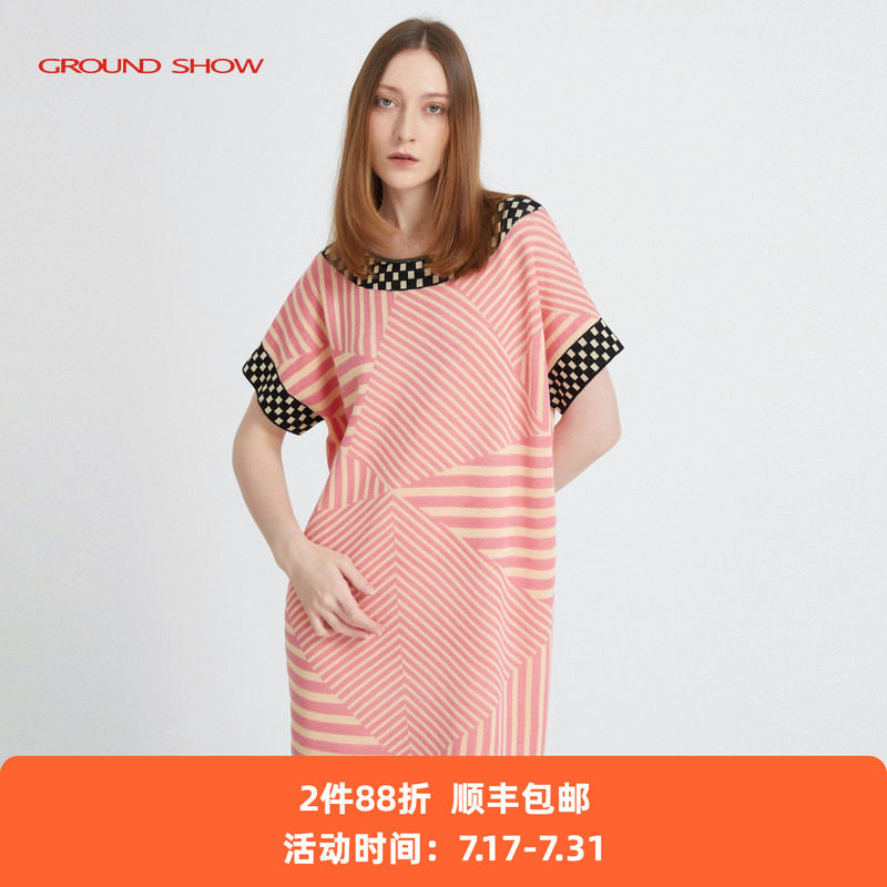 Ground Show/阁兰秀提花针织连衣裙几何条纹短袖套头中长裙夏女装