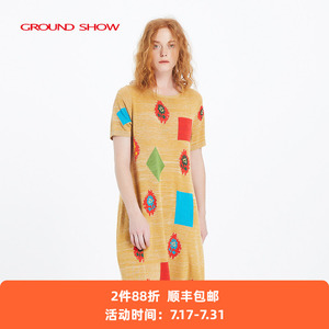 【绢丝棉混纺】阁兰秀夏季新品短袖提花针织连衣裙商场同款女装