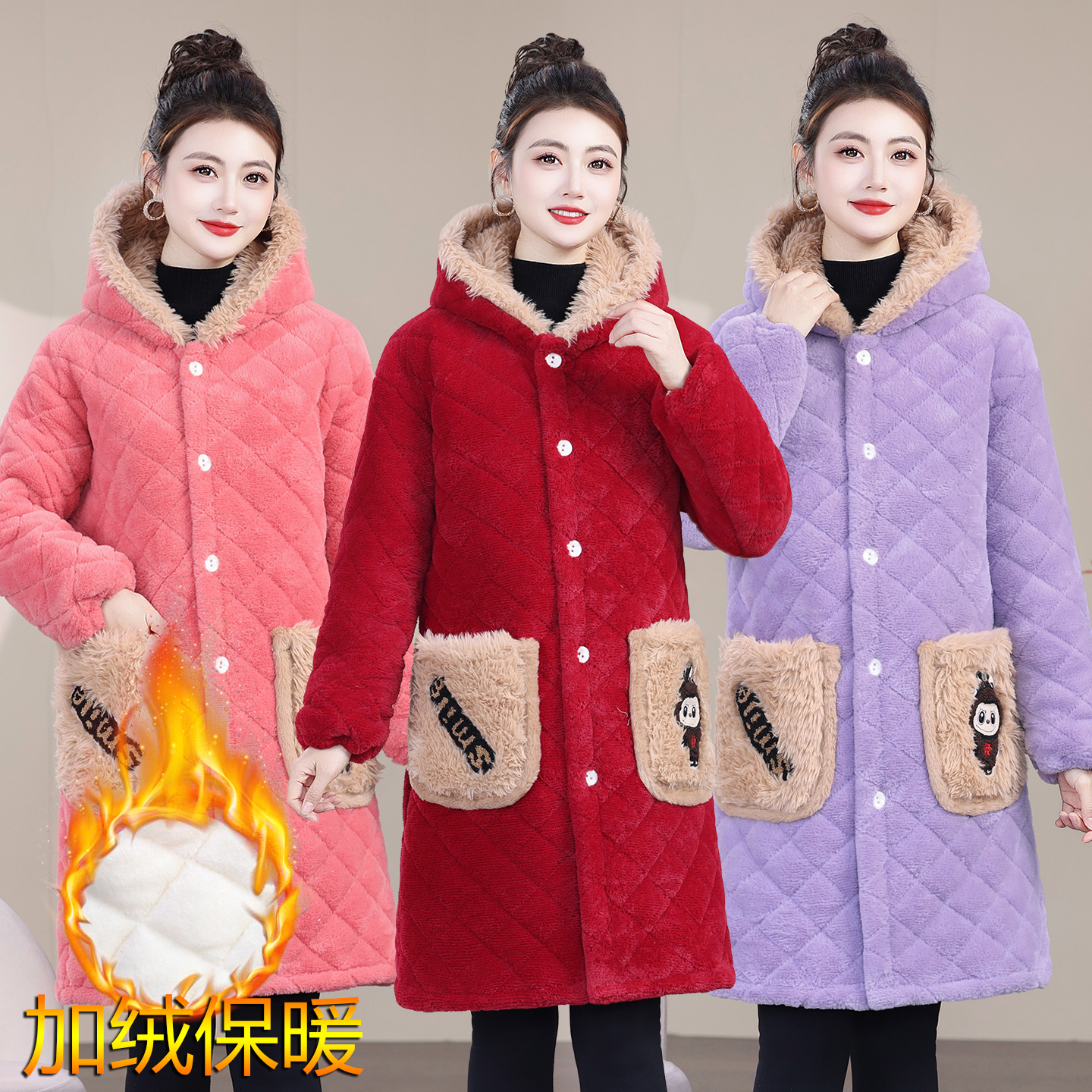 中长款加绒加厚连帽大码棉衣