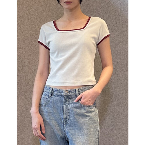 6折 WHM 25SS春夏新品 简约方领短袖T恤女时尚撞色修身百搭上衣