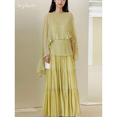 AETNA PROJECT 26SS春夏新品 披肩式荷叶边桑蚕丝上衣蛋糕半身裙