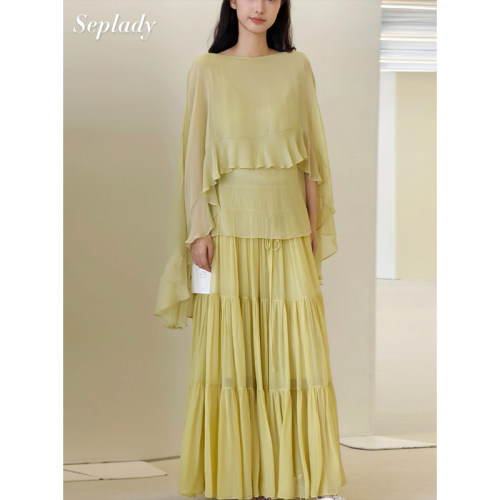 AETNA PROJECT 26SS春夏新品 披肩式荷叶边桑蚕丝上衣蛋糕半身裙