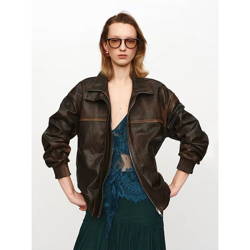 JACQUES WEI 26AW秋冬新品 复古做旧立领皮衣女个性廓形夹克外套