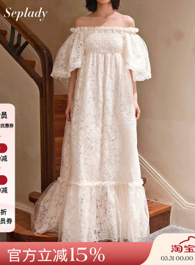 Deplumer 25AW新品 设计感一字肩连衣裙宽松蕾丝重工纯色长款裙子