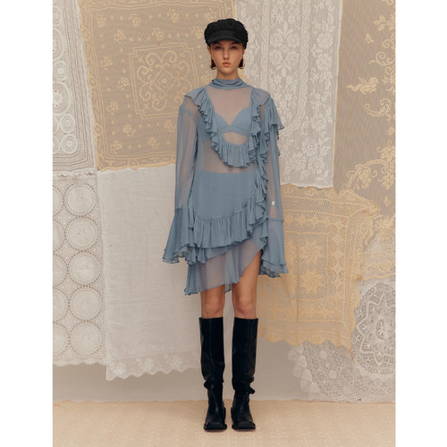 Deplumer 25SS新品 荷叶边长袖经典衬衫女设计感微透垂感内搭胸衣