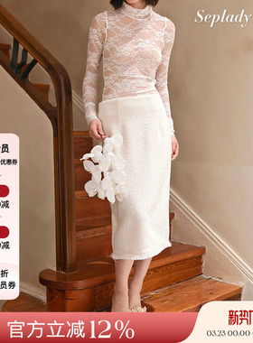 Deplumer 25AW新品 半高领蕾丝打底内搭上衣羊毛毛呢半身裙包臀裙