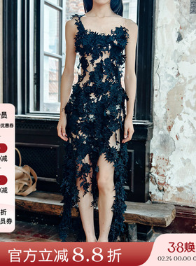 Xiangqiao Sheng盛湘乔25s春夏黑色立体花朵礼服裙女抹胸度假长裙