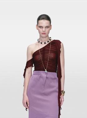 JACQUES WEI 26SS春夏新品 设计感斜肩木耳边网纱修身飘带上衣