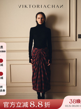 VIKTORIACHAN 24AW秋冬假日胶囊系列 红色格纹半身裙女原创设计