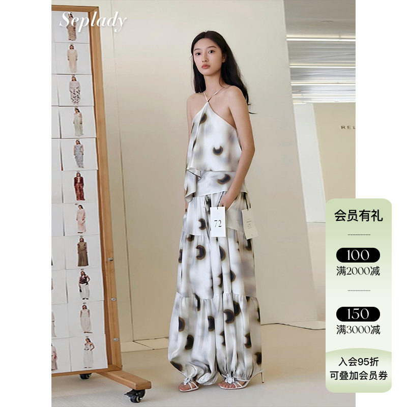 AETNA PROJECT 26SS春夏新品 设计感荷叶边印花吊带桑蚕丝上衣