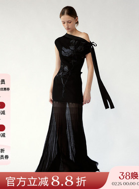 NONETONE 25SS春夏新品 微透垂感黑色半身裙女针织细褶百搭长裙