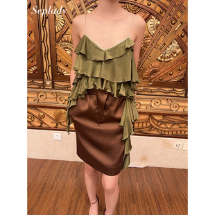 JACQUES WEI 26SS春夏新品 荷叶边拼接蕾丝吊带女不规则下摆上衣