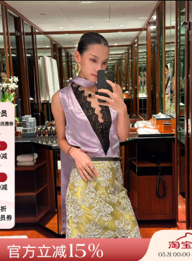 JACQUES WEI 26SS春夏新品 设计感醋酸V领蕾丝背心女缎面飘带上衣