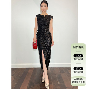 断码清仓4折 JACQUES WEI 23AW秋冬新款女士亮片褶皱开衩连衣裙