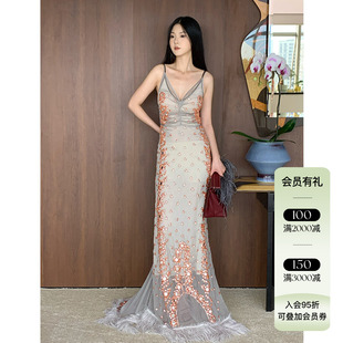 JACQUES WEI 25SS春夏新品 透感花卉刺绣吊带连衣裙女拖尾长裙