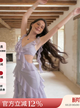 Deplumer 26SS春夏新品 设计感荷叶边V领雪纺连衣裙开衩显瘦长裙