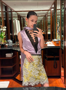 JACQUES WEI 26SS春夏新品 设计感醋酸V领蕾丝背心女缎面飘带上衣