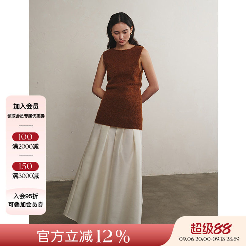 Piacevolee丝羊毛压褶半裙图片