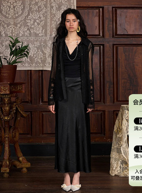 Deplumer 25AW新品 黑色缎面醋酸斜拼鱼尾半身裙垂感气质显瘦裙子