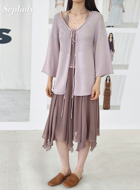 Palavas 26SS春夏新品 针织拼接雪纺挂脖连衣裙女V领芭蕾风仙女裙