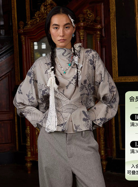 Deplumer 25AW新品 【烟墨痕】波西米亚风系腰荡领印花长袖上衣