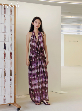AETNA PROJECT 26SS春夏新品 菱形印花挂脖连衣裙女露背苎麻长裙