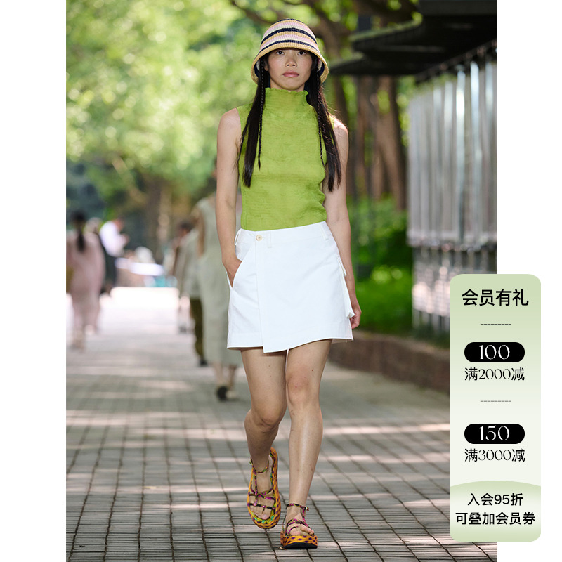 WHM 25SS春夏新品 纹理皱纱半高领背心女纯色百搭一字肩显瘦上衣