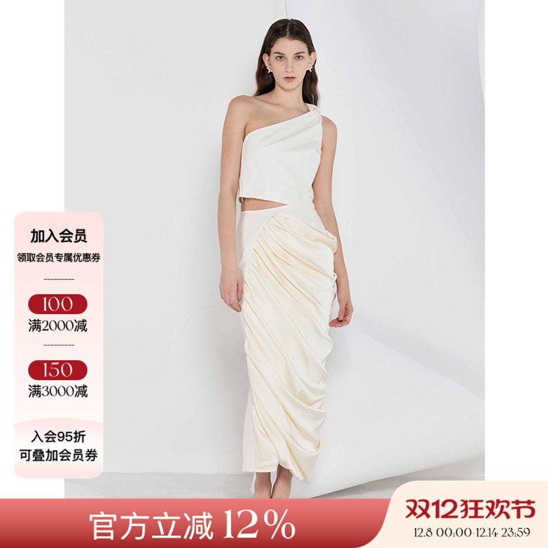 她也speakeasy【氤氲】24SS春夏 单肩纽结麻棉上装奶油拼接半身裙