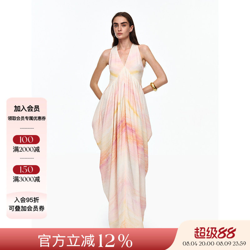 AETNA PROJECT 26SS春夏新品 V领印花垂褶连衣裙女设计感无袖长裙