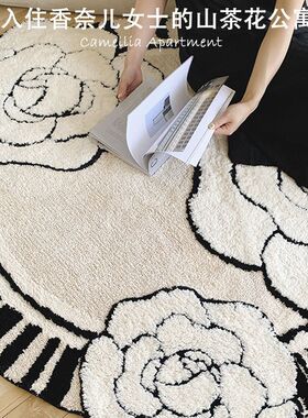 法式奶油风不规则植绒地毯山茶花衣帽间防滑毯高级感全铺客厅