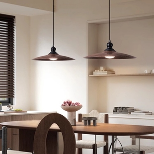 光品士中古侘寂风餐厅吊灯复古日式胡桃木纹飞碟灯餐桌饭厅吧台灯