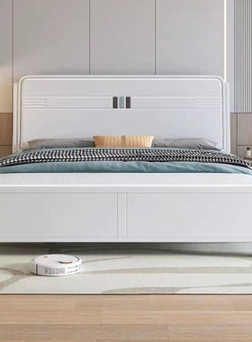 北欧白色全实木床1n.8m主卧双人床奶油风小户型带储物婚床榫卯床