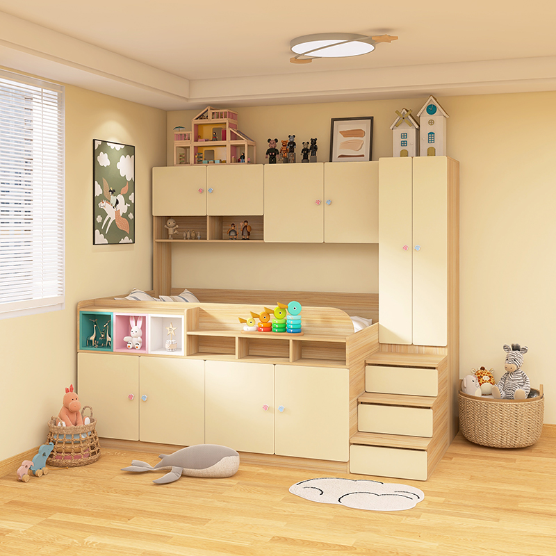 儿童半高床小户型全实木男孩女孩卧室奶油风多功能带Y书桌衣柜一