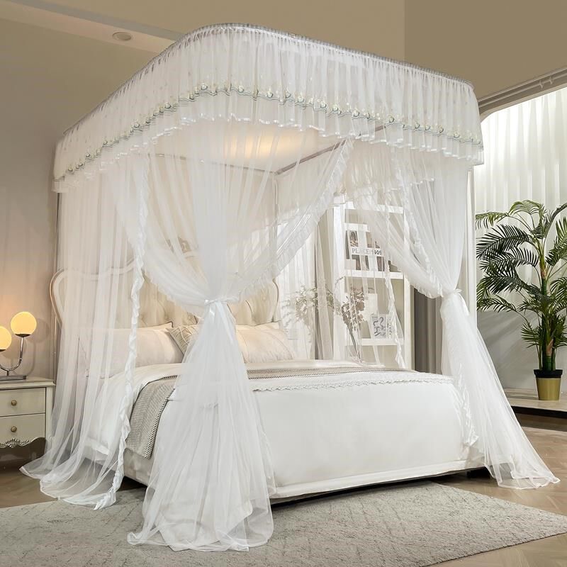 新款导2轨廷蚊h帐三开门宫落地U型家用双人床加不锈000000厚钢铝