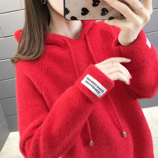 红色毛衣女秋冬短款新款韩版宽松连帽水貂绒加绒加厚卫衣女
