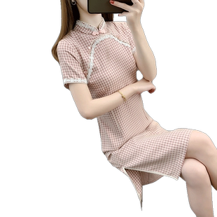 中国风改良旗袍新款春装女格子显瘦年轻款少女小个子连衣裙