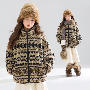 【宁儿粉丝专享】新雪丽复古卷叶纹羊羔绒棉服外套女童冬新款