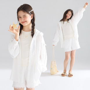 【天天粉丝专享】轻薄衬衫物理防晒度假连帽外套装女童26夏