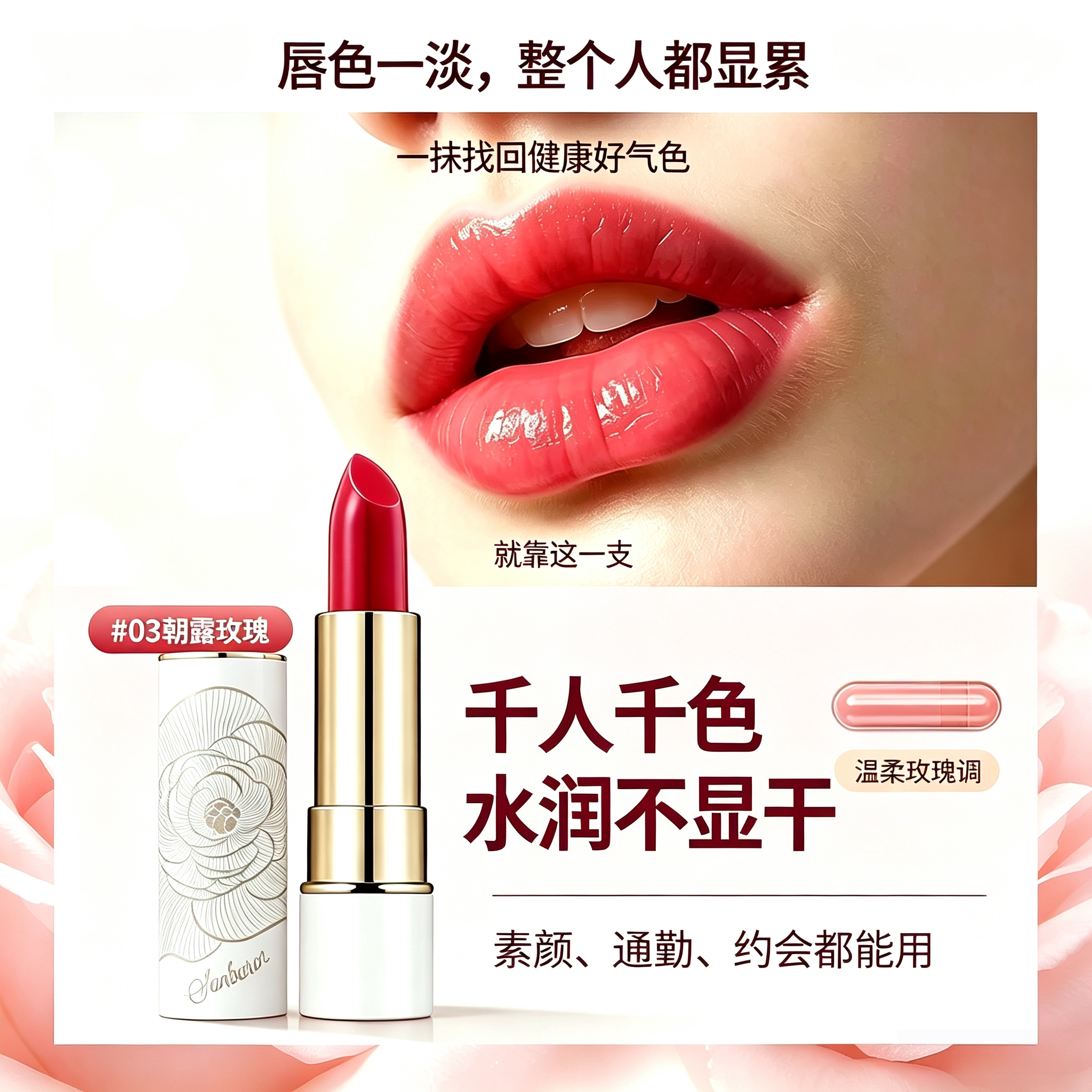 仙芭侬滋润口红03玫瑰色不显干