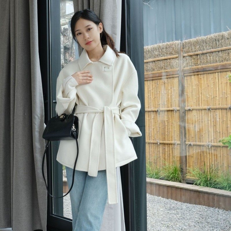 双面羊绒大衣女小个子2022秋冬新款皮包扣赫本风H家毛呢外套短款