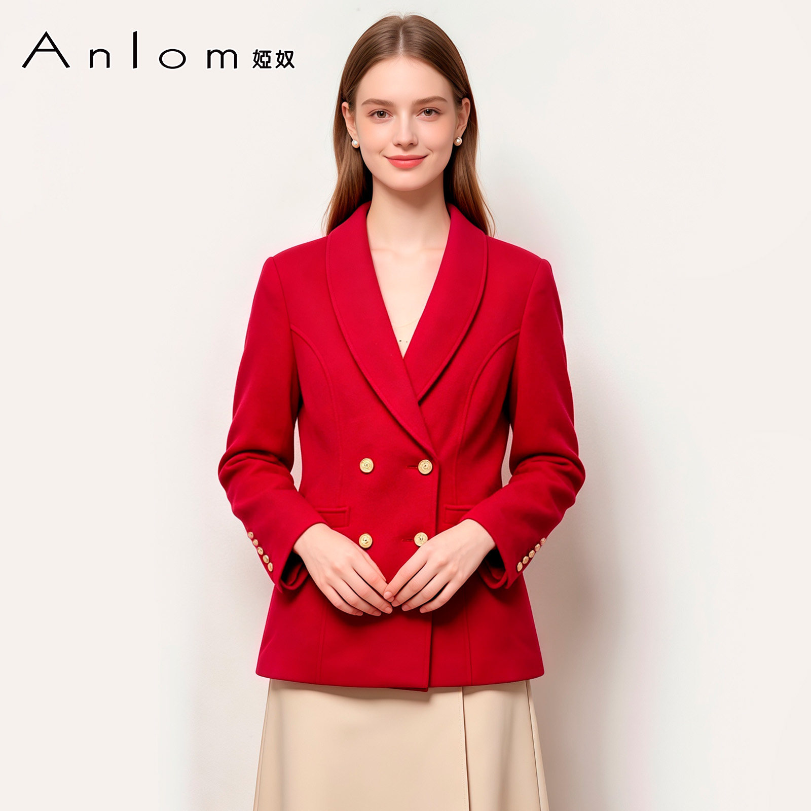 Anlom/娅奴秋冬新品红色羊毛呢子西装外套女中长款翻驳领休闲西服