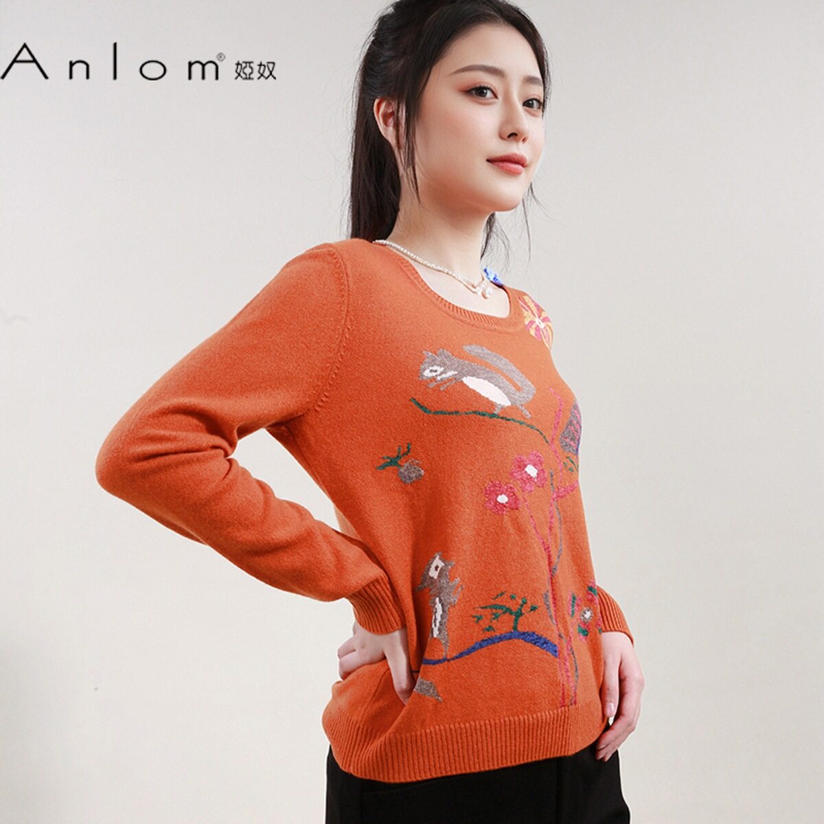 Anlom/娅奴冬季长袖新款圆领桔红休闲山羊绒针织衫通勤上衣套衫