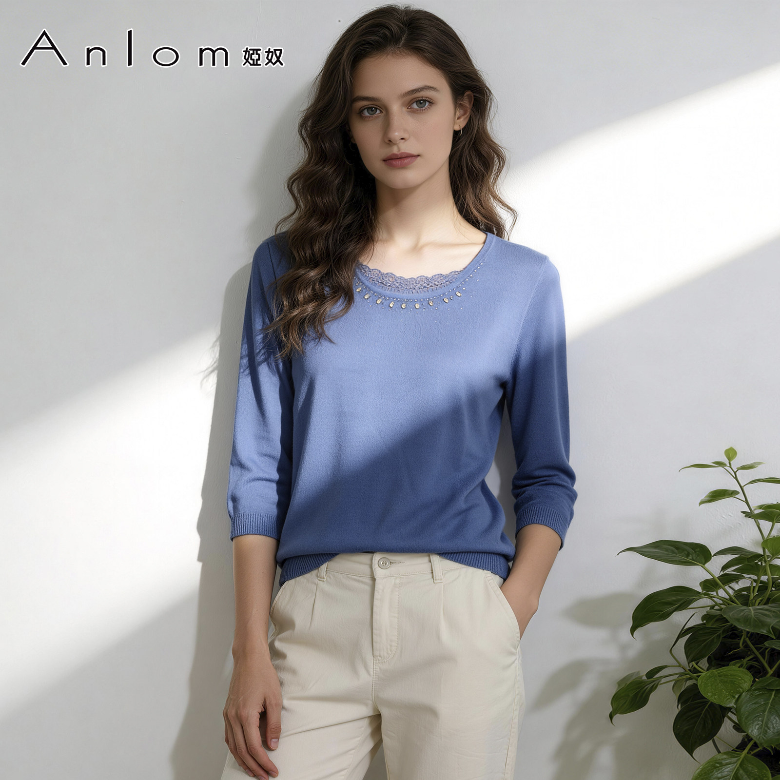 Anlom/娅奴女装春夏圆领中袖针织衫女修身气质时尚套头衫极简风