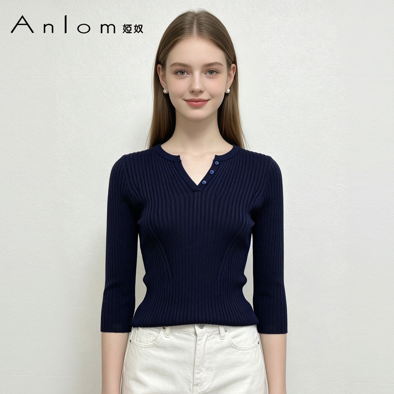 Anlom/娅奴V领坑条显瘦针织衫女