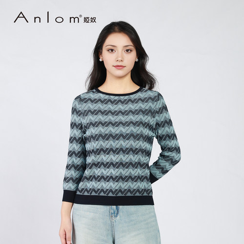 Anlom/娅奴2026秋季新款圆领修身时尚休闲女士针织套衫波浪纹理