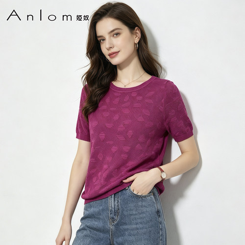 Anlom/娅奴夏季桑蚕丝针织T恤衫