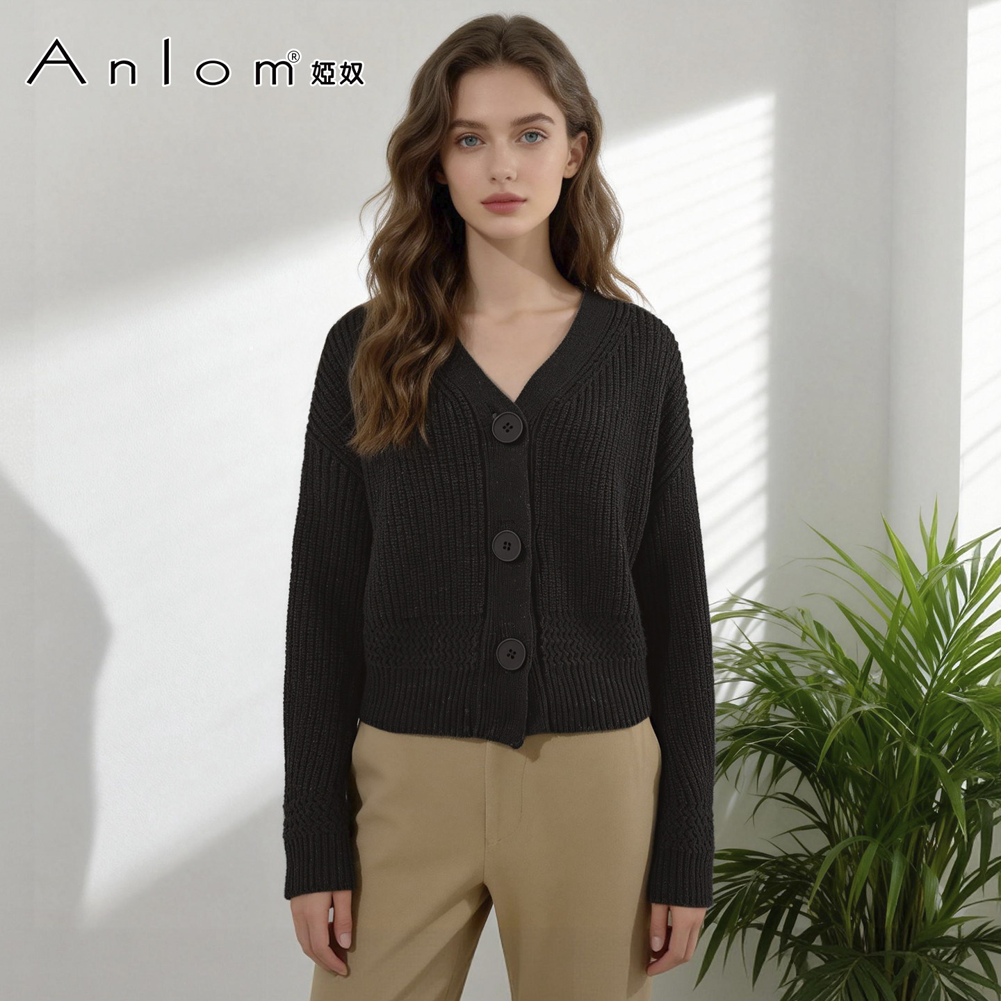 Anlom/娅奴桑蚕丝老钱风V领针织开衫纽扣短款毛衣外套百搭上衣,女装/女士精品,毛针织衫,淘宝优惠券,粉丝福利购,淘宝优惠卷