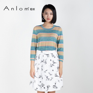 女上衣套衫 Anlom 圆领彩条休闲桑蚕丝针织衫 新款 娅奴春夏九分袖