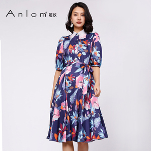 Anlom/娅奴春夏短袖新款POLO领彩色花涤纶休闲针织通勤常规连衣裙